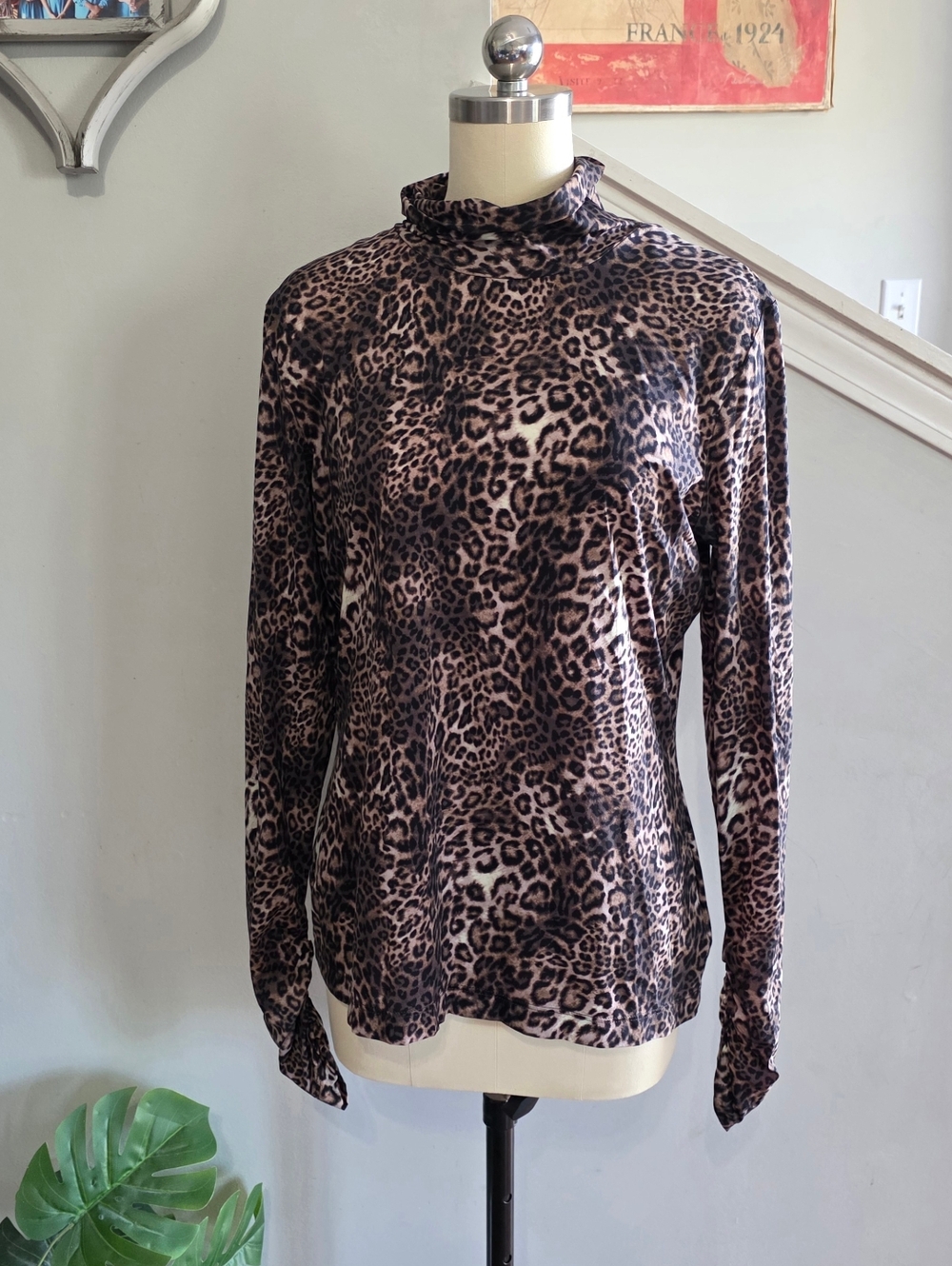 St John Animal Print Mockneck Shirt Brown Black Size Large